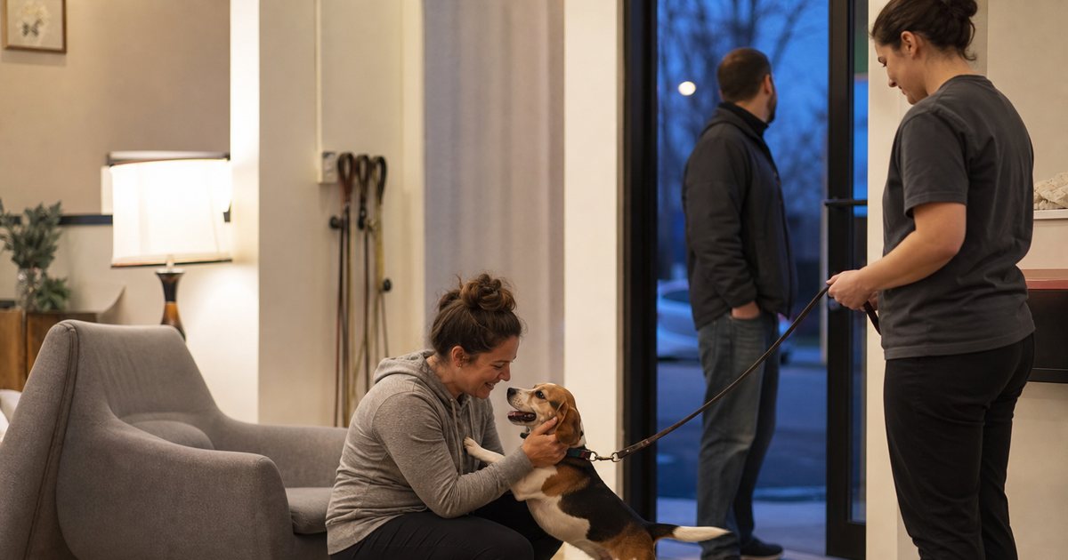 Small dog daycare lobby at dusk, a woman in a hoodie kneeling to greet her excited beagle held on a leash by a staff member, a second owner waiting by the door, warm interior lighting