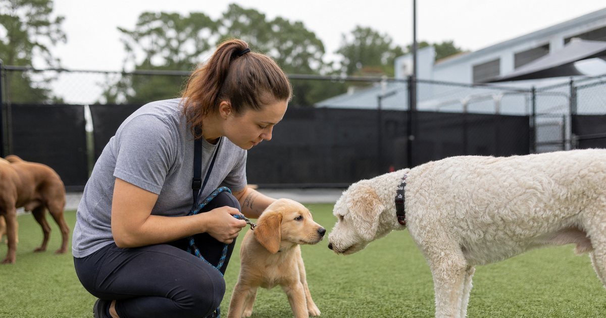 Outdoor fenced dog daycare yard with artificial turf, a handler in a gray t-shirt crouching to introduce a young labrador on a leash to a calm older dog, soft overcast daylight
