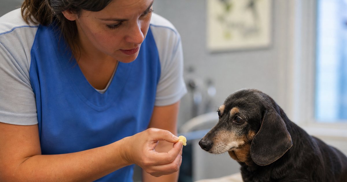 Close-up of a daycare staff member in a blue apron holding a small pill wrapped in a piece of cheese in front of a seated senior dachshund, a labeled prescription bottle on a counter nearby