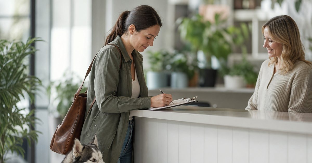 Woman in her thirties filling out paperwork on a clipboard at a bright daycare front counter while her husky sits beside her, a staff member across the counter smiling, plants in the background