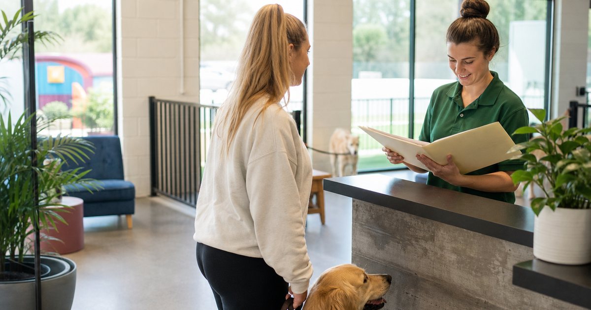 Front desk of a bright dog daycare, a staff member in a green polo reviewing a paper folder while a golden retriever waits on a leash beside its owner, natural morning light