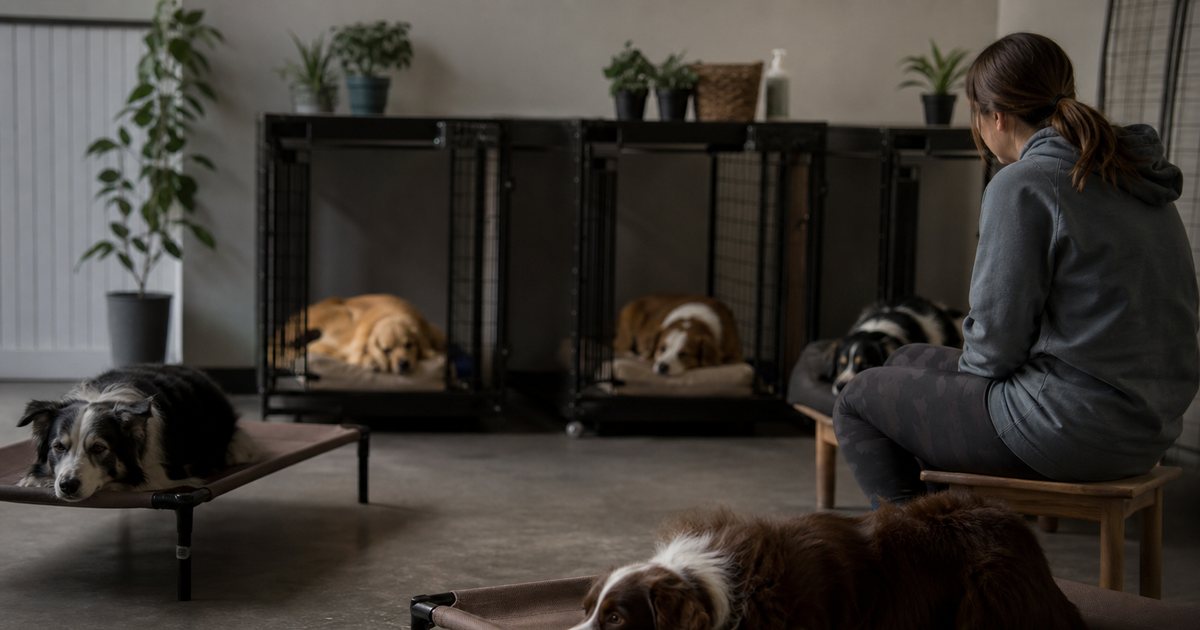 Quiet room in a dog daycare with several dogs resting in individual open crates and on raised cots, lights dimmed, a handler sitting quietly on a stool nearby