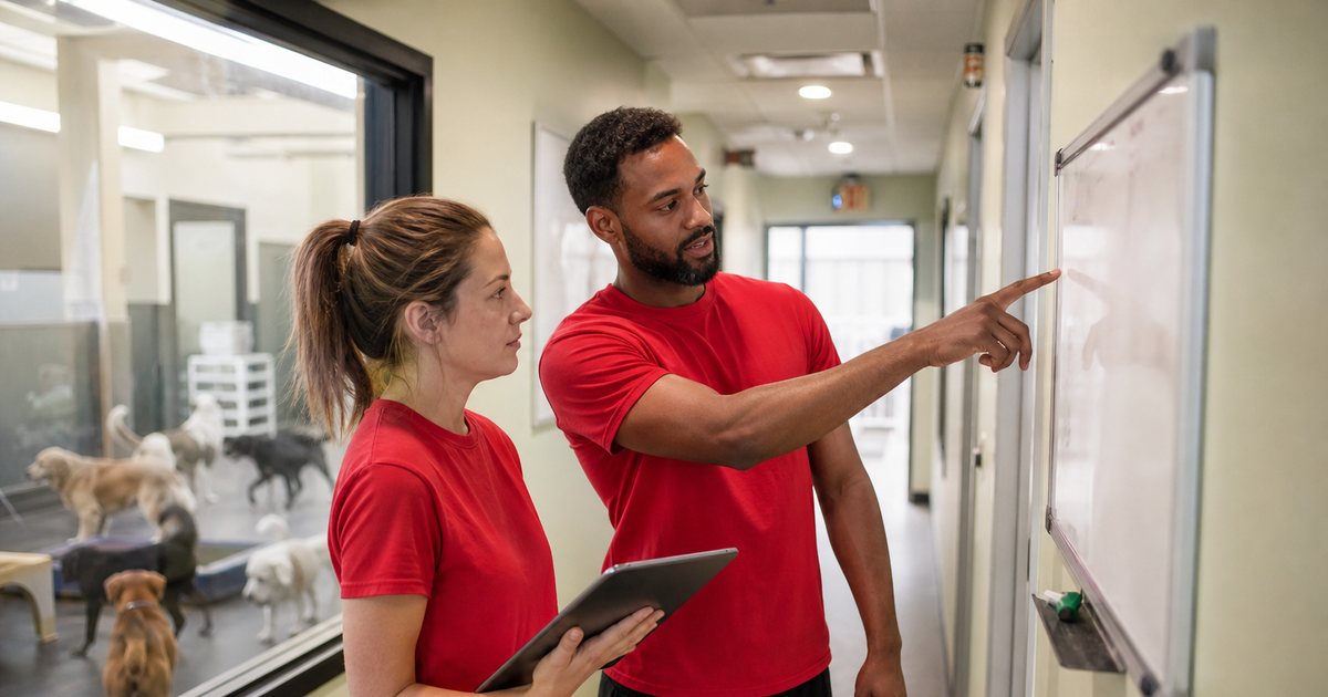 Two dog daycare employees in matching red t-shirts standing at a whiteboard in a hallway, one pointing at a list while the other holds a tablet, dogs visible through a window behind them