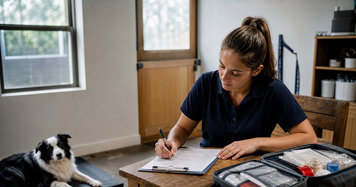 Daycare handler in a navy polo sitting at a wooden desk writing on a clipboard, a calm border collie lying on a mat nearby, a first aid kit open on the desk, afternoon window light
